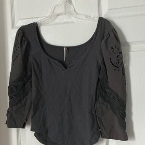 FP Movement by Free People Black Scoop-Neck Blouse with Crochet Eyelet Sleeves